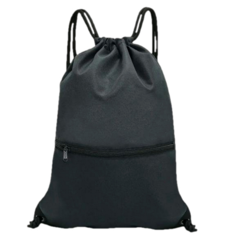 Black Drawstring Backpack / Gym Sack w Zipper Pocket (Approx 12.6" x 16.5") NWOT
